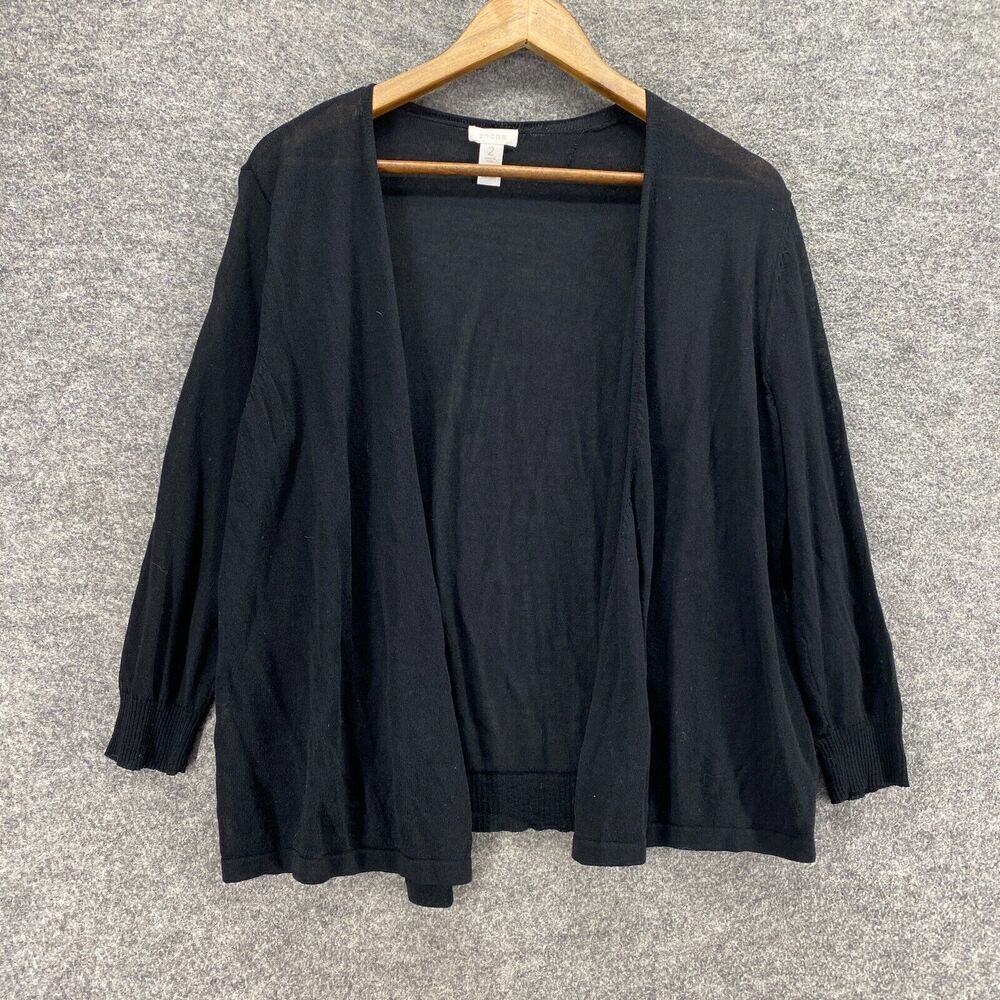 Chico's Cardigan Women 2 Black Knit Open Front Long Sleeve Rayon Casual Solid